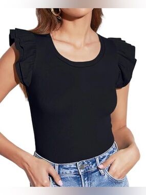 Old Navy Black Ruffled Cap-Sleeve Ribbed Tank, Xl